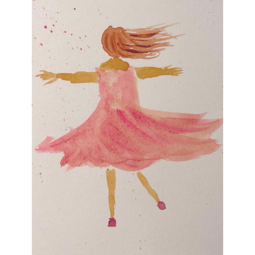 Hand painted watercolor original painting girl twirling in pink dress